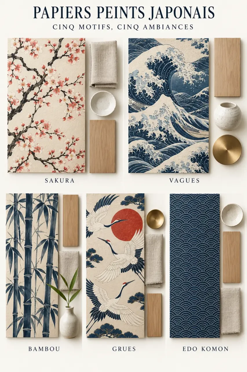 Échantillons de papier peint japonais avec motifs sakura, vagues, bambou, grues et Edo Komon