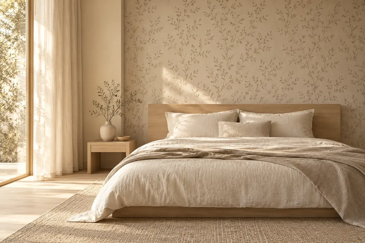 Chambre japandi avec papier peint japonais à motif répétitif et ambiance apaisante