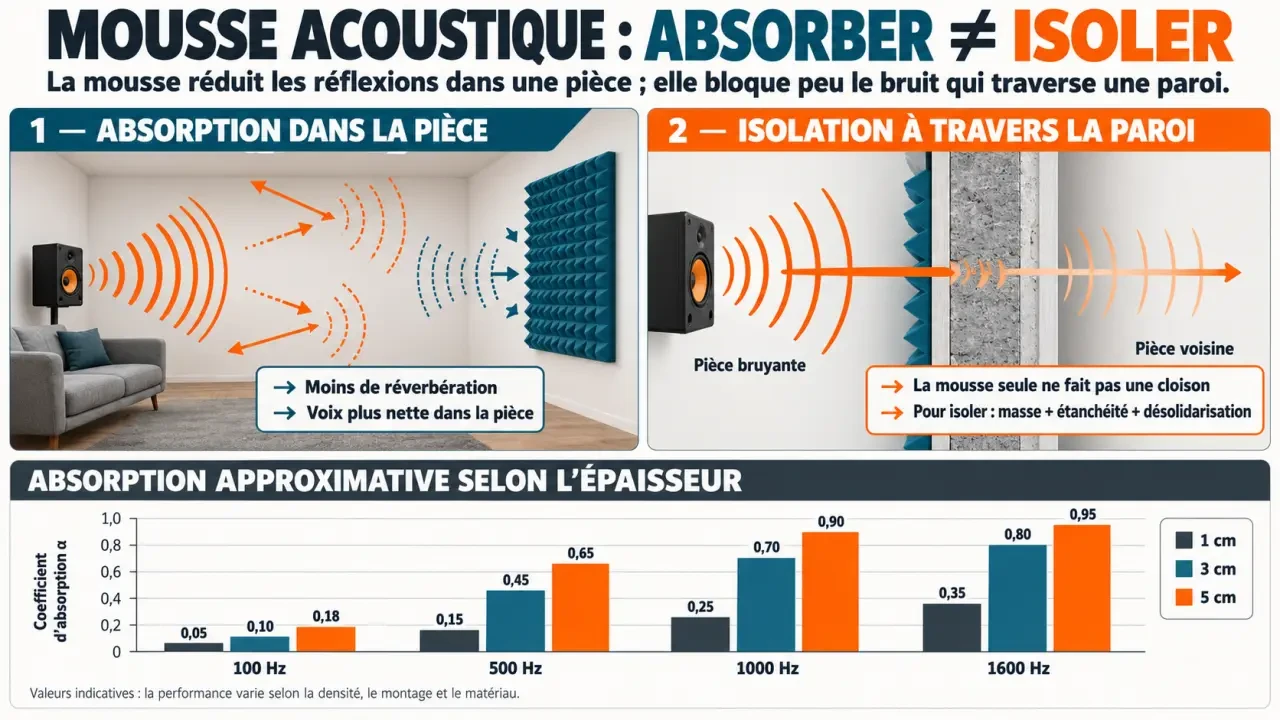 Infographie sur la mousse d'isolation phonique, l'absorption acoustique et l'effet de l'épaisseur selon la fréquence