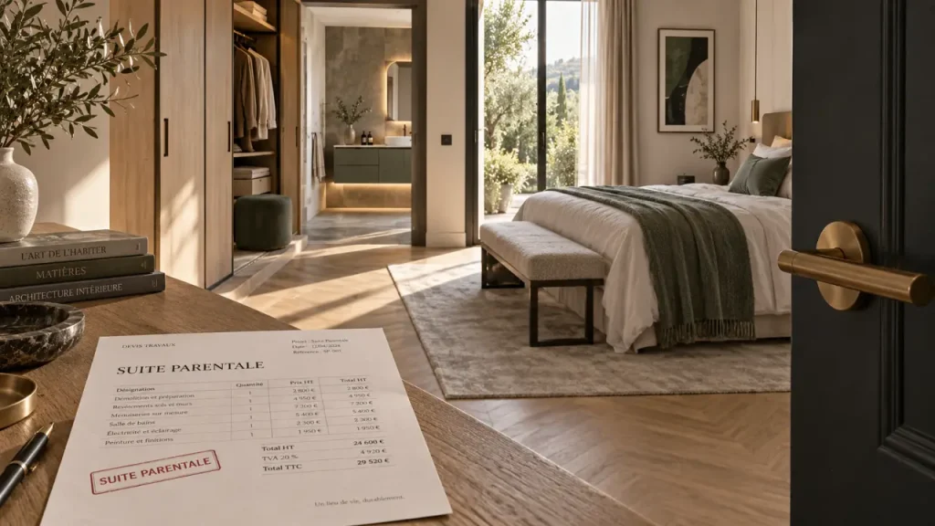 Extension suite parentale : chambre, dressing et salle de bains en finition