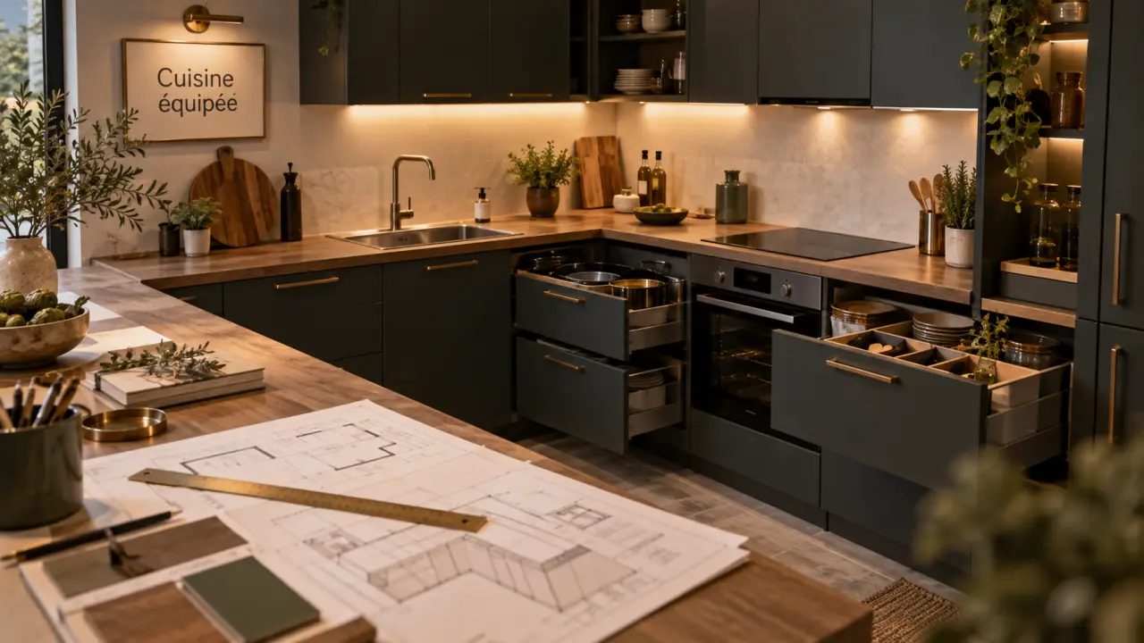 Idée cuisine équipée : cuisine en L avec rangements et plan de travail