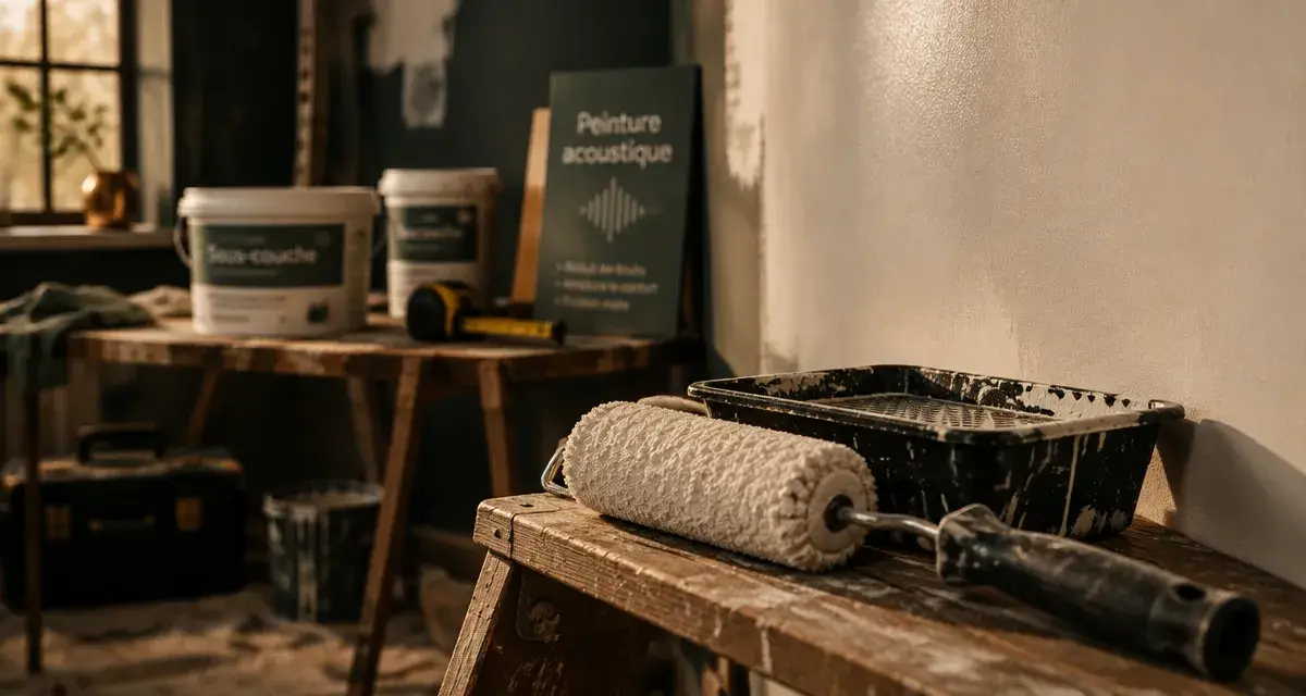 Isolation phonique peinture : mur intérieur avec peinture acoustique, rouleau et bac