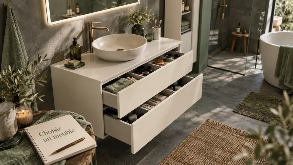 Meuble de salle de bain blanc suspendu : lumière et rangement