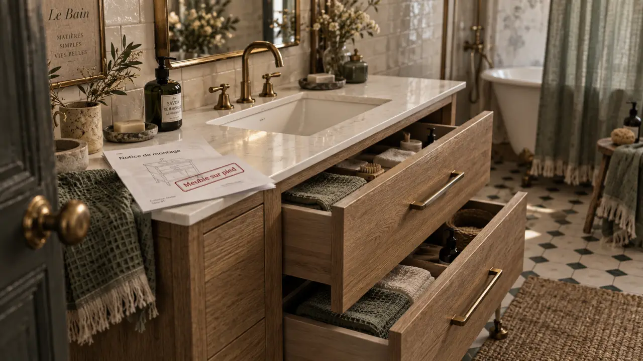 Meuble salle de bain sur pied, pieds réglables et vasque intégrée