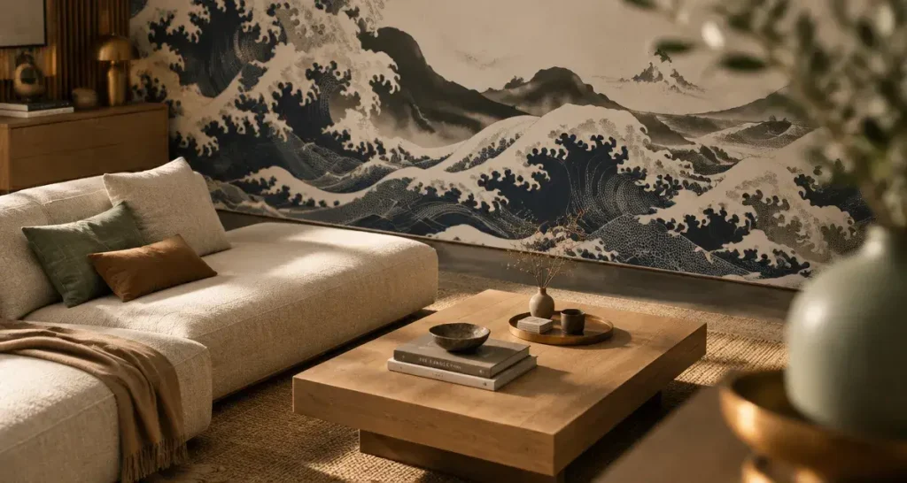 Papier peint japonais vagues bleu nuit apaisantes