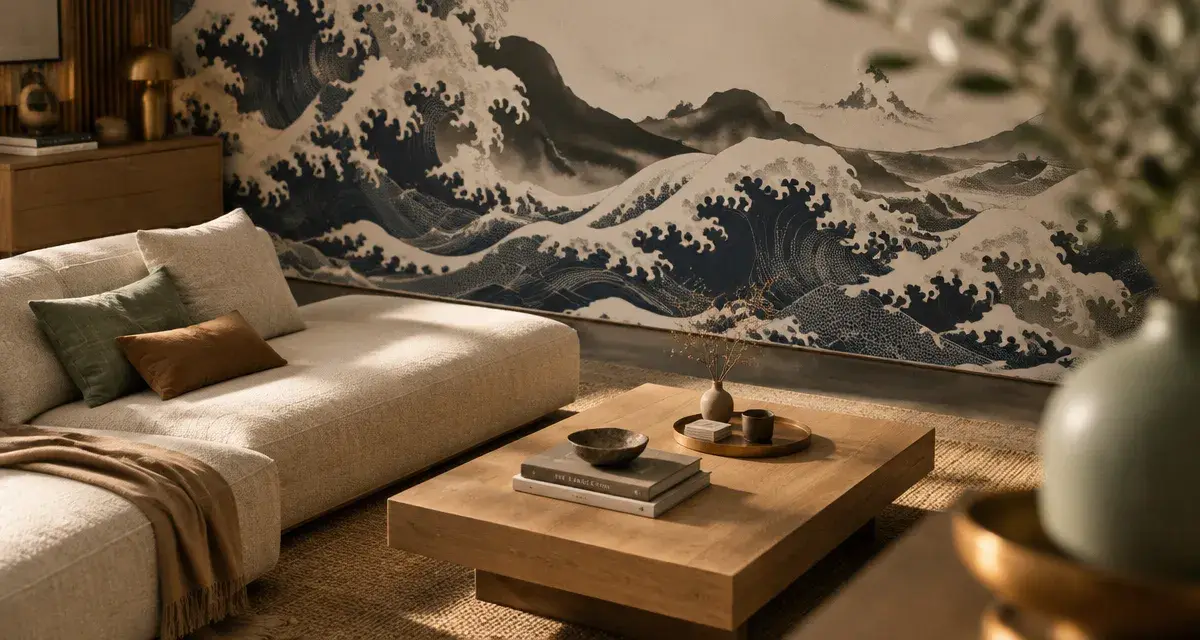 Papier peint japonais vagues bleu nuit apaisantes