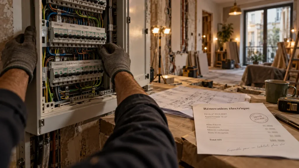 Prix rénovation électrique appartement 70 m2 : électricien ouvre un tableau électrique en rénovation