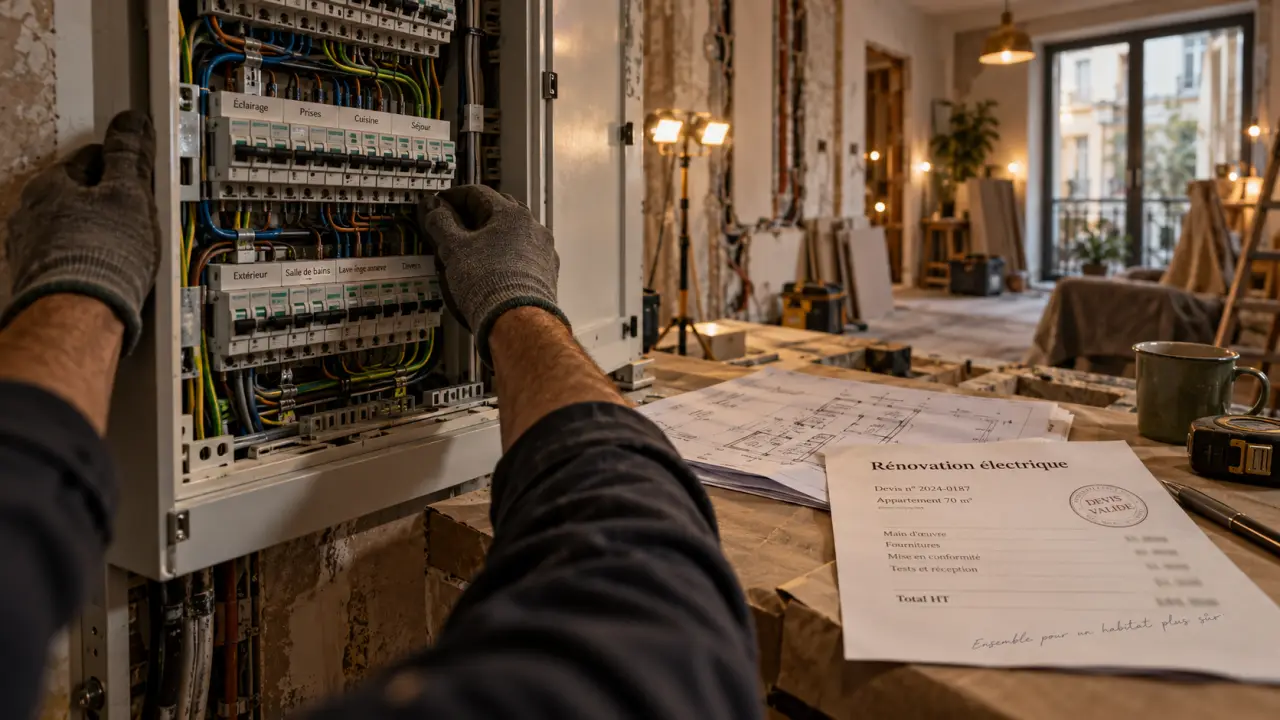 Prix rénovation électrique appartement 70 m2 : électricien ouvre un tableau électrique en rénovation