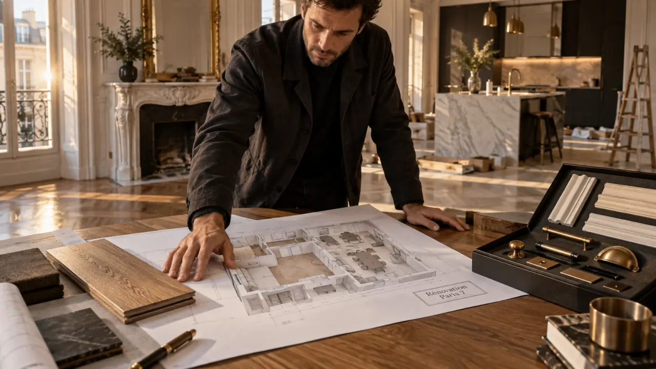 Rénovation appartement paris 7 : conducteur et plans sur parquet ancien