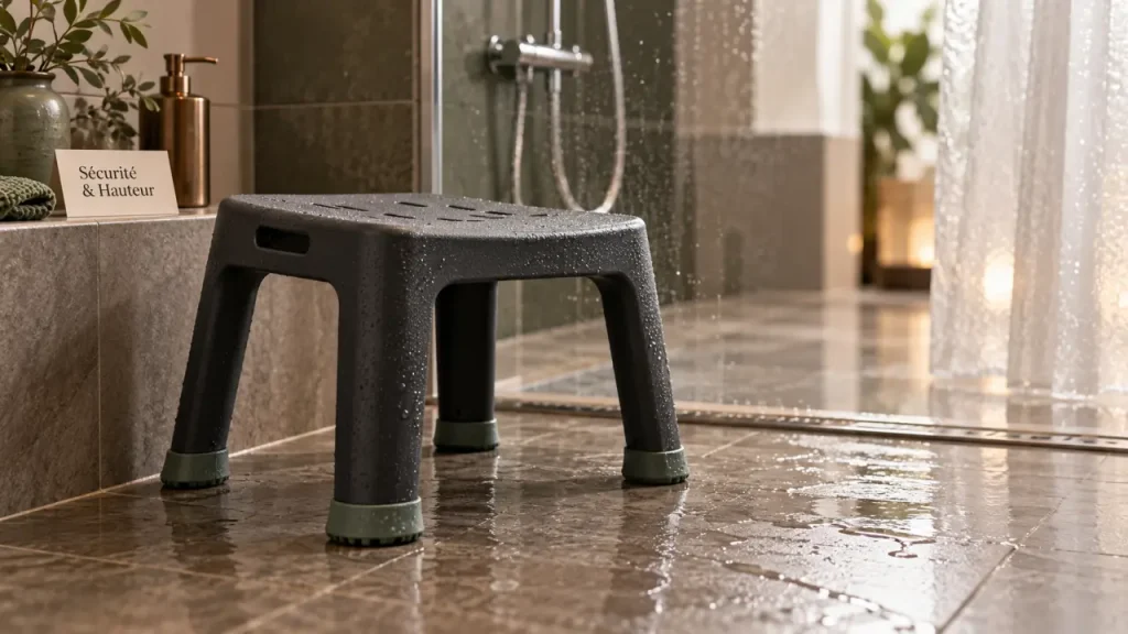 Tabouret de salle de bain antidérapant près d’une douche, stabilité et confort