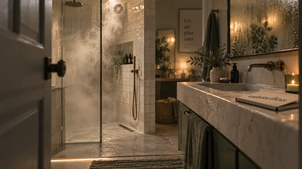 Ventilation dans une salle de bain : vapeur évacuée par extraction murale