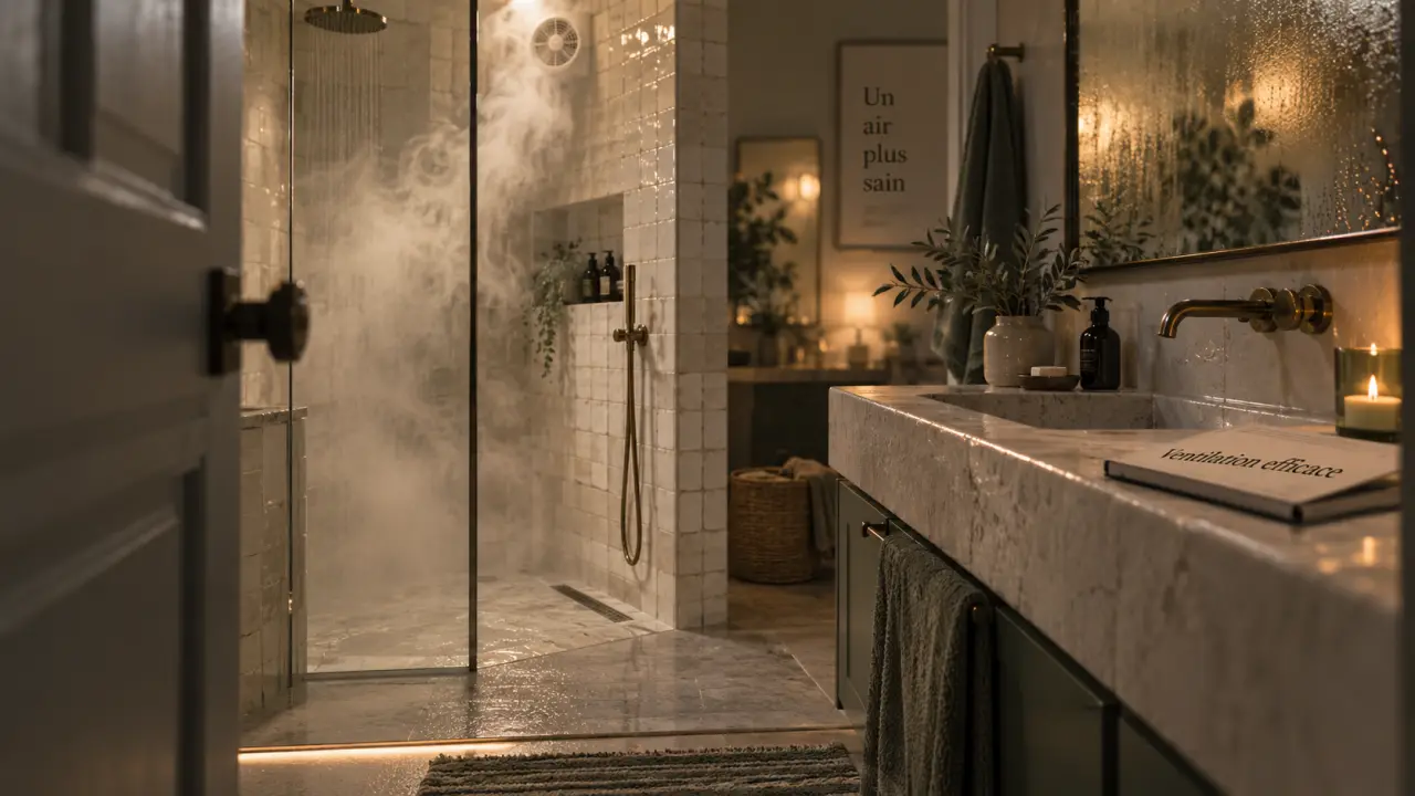 Ventilation dans une salle de bain : vapeur évacuée par extraction murale